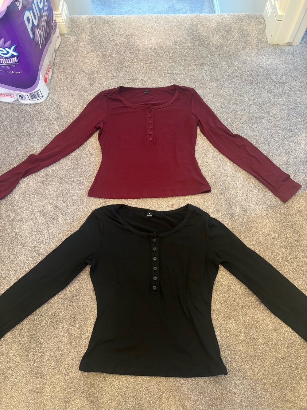SHEIN Long Sleeve Henley Top - Burgundy & Black